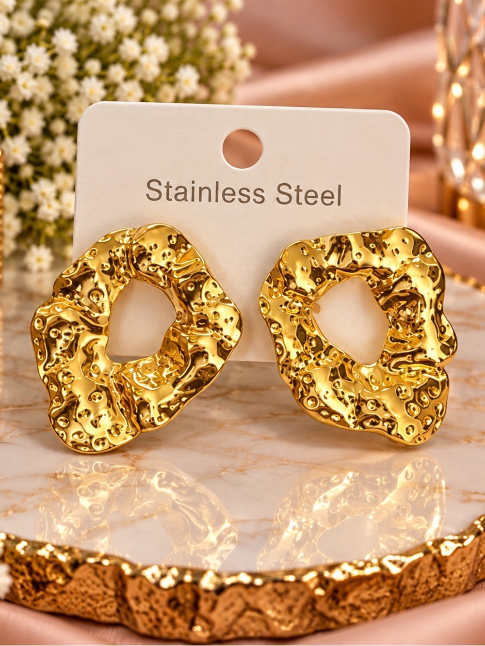 Gold Textured Hoop Stud Earrings